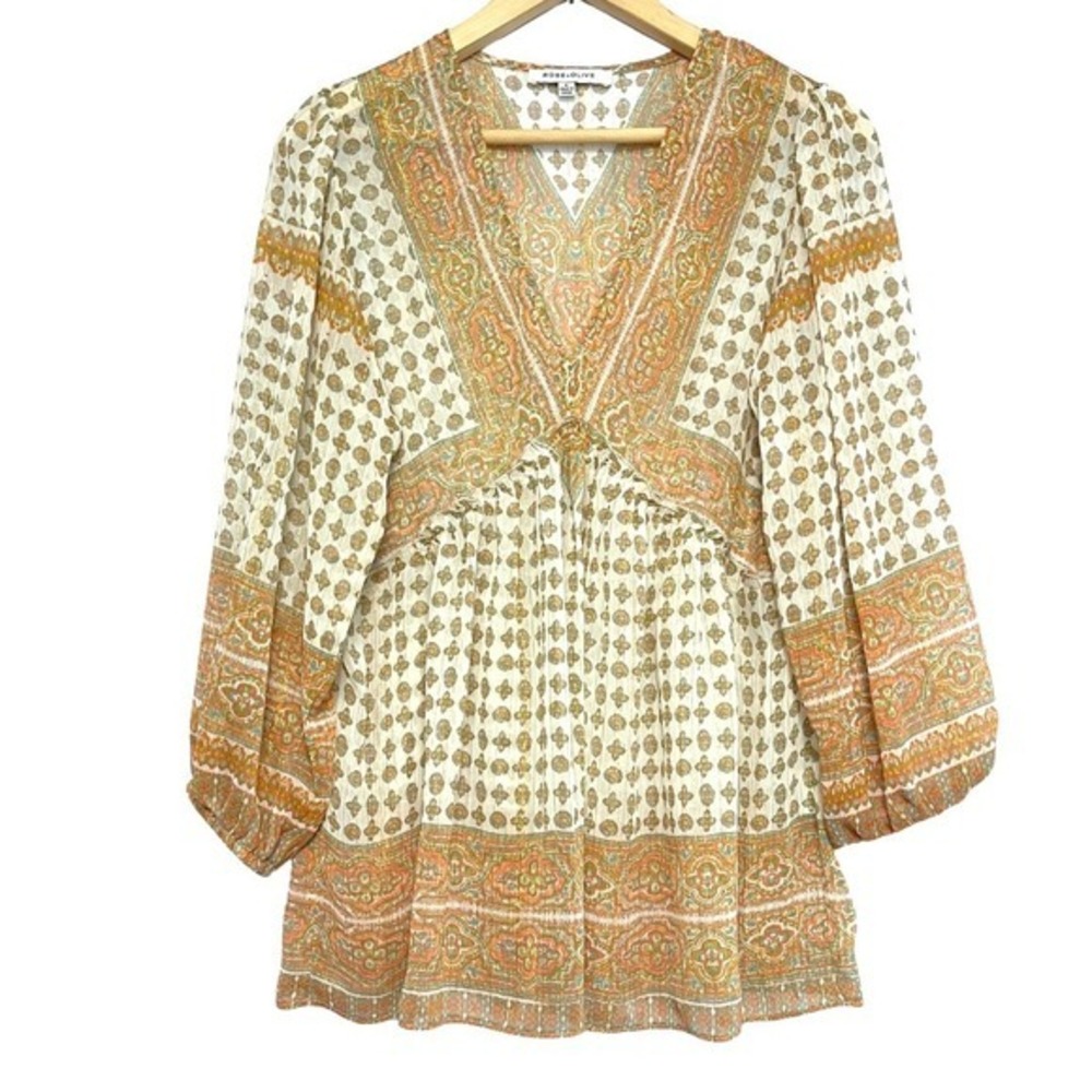 Rose Olive Sheer Pullover Fairy Top Womens Size S Gold Empire Waist Lightweight